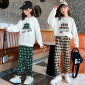 Kevad-sügis tüdrukute tähestikuga trükitud dressipluus + nööriga ruuduline dressipükste komplekt koolilastele dressid, jooksujalu 5-16 a.