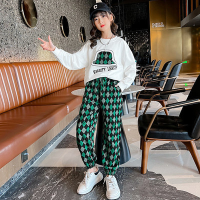 Kevad-sügis tüdrukute tähestikuga trükitud dressipluus + nööriga ruuduline dressipükste komplekt koolilastele dressid, jooksujalu 5-16 a.