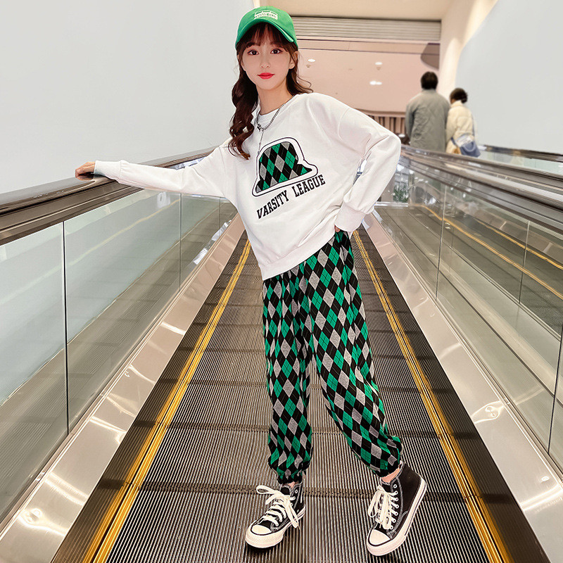 Kevad-sügis tüdrukute tähestikuga trükitud dressipluus + nööriga ruuduline dressipükste komplekt koolilastele dressid, jooksujalu 5-16 a.