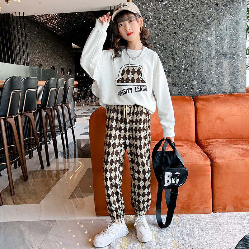 Kevad-sügis tüdrukute tähestikuga trükitud dressipluus + nööriga ruuduline dressipükste komplekt koolilastele dressid, jooksujalu 5-16 a.