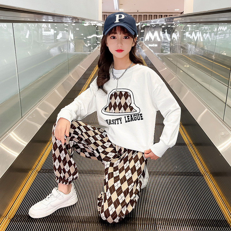 Kevad-sügis tüdrukute tähestikuga trükitud dressipluus + nööriga ruuduline dressipükste komplekt koolilastele dressid, jooksujalu 5-16 a.