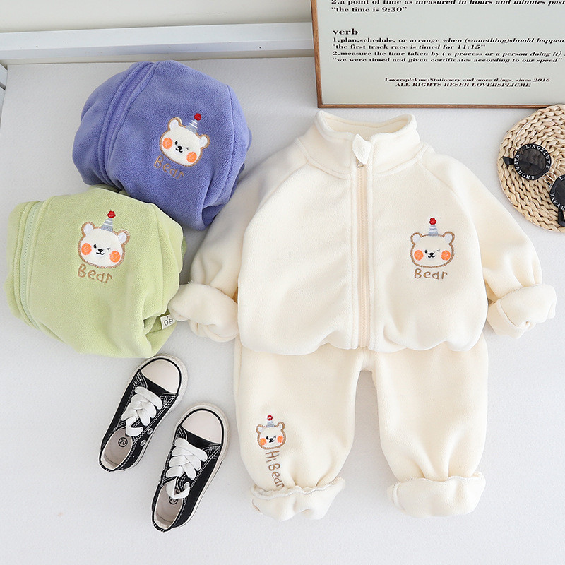 Őszi téli új fiúk hosszú ujjú meleg szett gyerekkabát + nadrág 2 darabos ruhák 1-5 éves korig