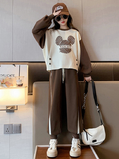 Tüdrukute puuvillane kontrastne triibuline multikas kampsun + nööriga dressipükste komplektid koolilastele spordidressid 7–16-aastastele lastele