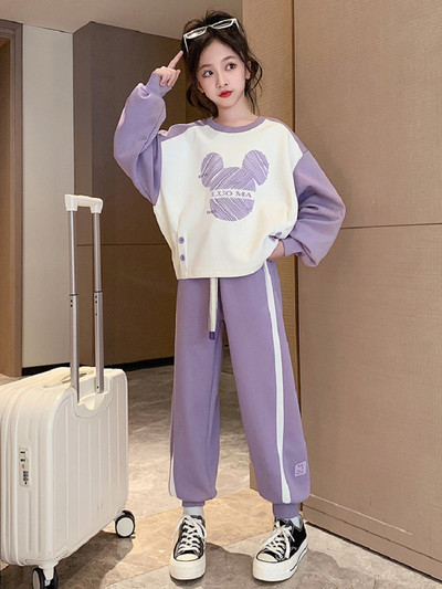 Tüdrukute puuvillane kontrastne triibuline multikas kampsun + nööriga dressipükste komplektid koolilastele spordidressid 7–16-aastastele lastele