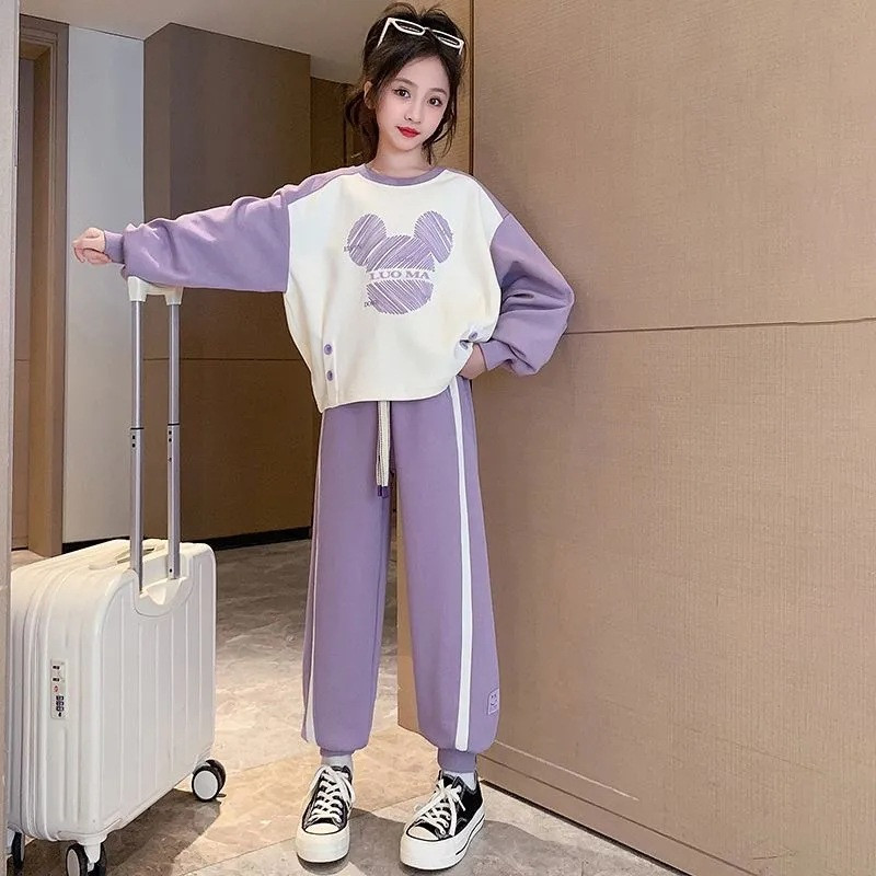 Tüdrukute puuvillane kontrastne triibuline multikas kampsun + nööriga dressipükste komplektid koolilastele spordidressid 7–16-aastastele lastele