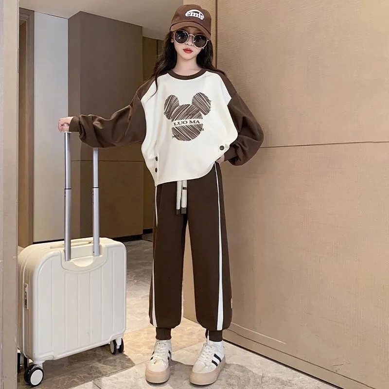 Tüdrukute puuvillane kontrastne triibuline multikas kampsun + nööriga dressipükste komplektid koolilastele spordidressid 7–16-aastastele lastele