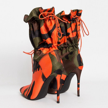 Пролетни 2022 г. Дамски ботуши с високи токчета с остър връх до средата на прасеца Модни дамски обувки с камуфлажен принт Стилет с връзки Botas Mujer