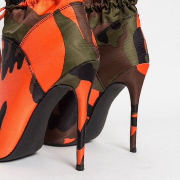 Пролетни 2022 г. Дамски ботуши с високи токчета с остър връх до средата на прасеца Модни дамски обувки с камуфлажен принт Стилет с връзки Botas Mujer
