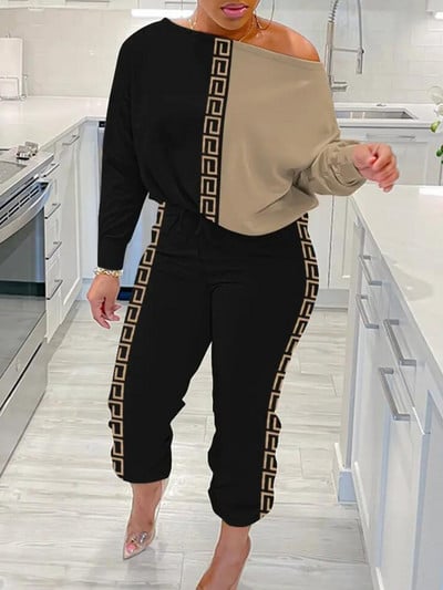 LW Plus Size női tréningruha szett Ferde nyakú, geometrikus mintás nadrág szett őszi ÚJ hosszú ujjú női hozzáillő 2db-os szett