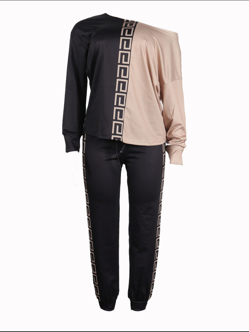 LW Plus Size női tréningruha szett Ferde nyakú, geometrikus mintás nadrág szett őszi ÚJ hosszú ujjú női hozzáillő 2db-os szett