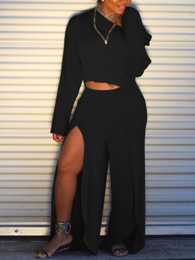 LW suures suuruses naiste 2-osaline komplekt, ühe õlaga kõrge lõhestatud laia säärega pükste komplekt Elegantne dressipluus Crop Top + säärepüksid vabaaja spordidressi