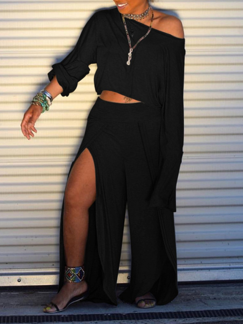 LW suures suuruses naiste 2-osaline komplekt, ühe õlaga kõrge lõhestatud laia säärega pükste komplekt Elegantne dressipluus Crop Top + säärepüksid vabaaja spordidressi