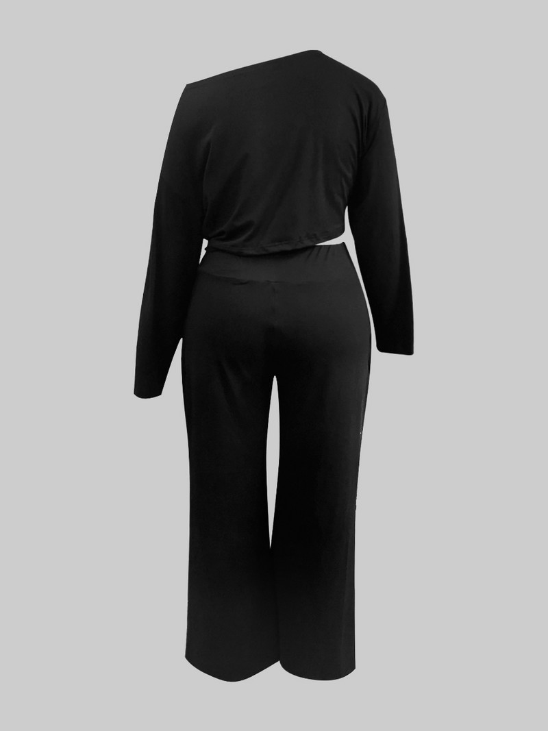 LW suures suuruses naiste 2-osaline komplekt, ühe õlaga kõrge lõhestatud laia säärega pükste komplekt Elegantne dressipluus Crop Top + säärepüksid vabaaja spordidressi