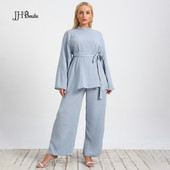 JHBeute New Fashion Albastru Costum Lung Femei In Toamna Camasi supradimensionate si pantaloni lati cu talie inalta Tinute pentru femei