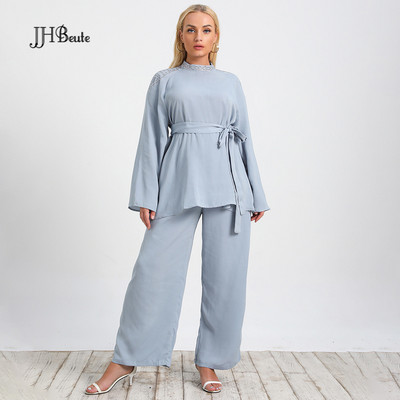 JHBeute New Fashion Albastru Costum Lung Femei In Toamna Camasi supradimensionate si pantaloni lati cu talie inalta Tinute pentru femei