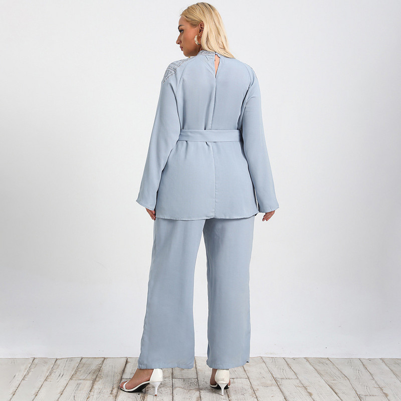 JHBeute New Fashion Albastru Costum Lung Femei In Toamna Camasi supradimensionate si pantaloni lati cu talie inalta Tinute pentru femei