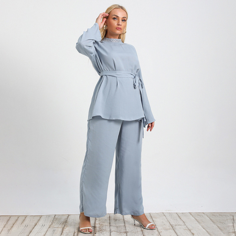 JHBeute New Fashion Albastru Costum Lung Femei In Toamna Camasi supradimensionate si pantaloni lati cu talie inalta Tinute pentru femei