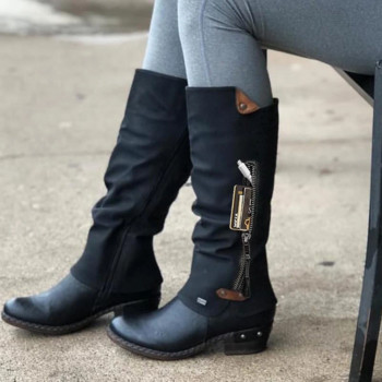 2021 Западни ботуши до средата на прасеца Дамски дълги ботуши Ботуши над коляното Зимни обувки с цип Пънк кожени ретро черни дамски ботуши за сняг
