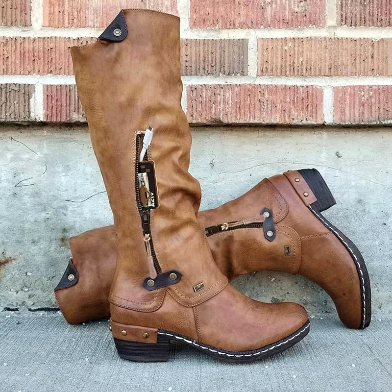 2021. aasta sääre keskosa läänesaapad Naiste pikad saapad üle põlve Saapad Talvised tõmblukuga kingad Punknahast retromustad naiste lumesaapad