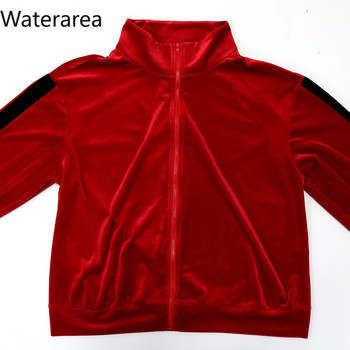 Waterarea Plus Size Velvet Γυναικείο Σετ Αθλητικά Μόδα Φούτερ με φερμουάρ με κοστούμι παντελονιού Sporty Stripe Σετ δύο τεμαχίων