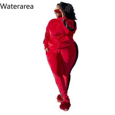 Waterarea Plus Size Velvet Γυναικείο Σετ Αθλητικά Μόδα Φούτερ με φερμουάρ με κοστούμι παντελονιού Sporty Stripe Σετ δύο τεμαχίων