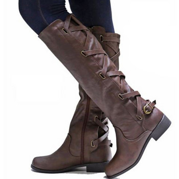 Дамски ботуши до коляното Дебели токчета Цип и връзки Дамски обувки с катарама Дамски модни ботуши Пънк женски ботуши на платформа Есен Зима 43