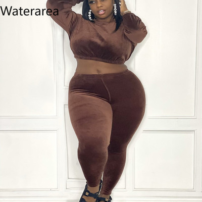 Waterarea Plus Size Casual Solid Γυναικεία Σετ Σέξι με λαιμόκοψη μακριά μανίκια κοντό παντελόνι 2 τεμ. Βελούδινη φόρμα OL