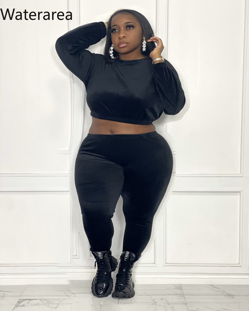 Waterarea Plus Size vabaaja soliidsed naiste komplektid Seksikad O-kaelusega pikkade varrukatega lühikesed top & pencli püksid 2 tk ülikond OL Velvet spordidress