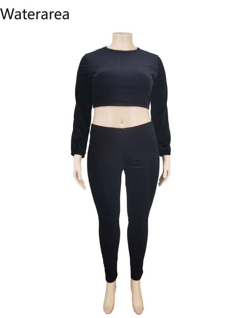 Waterarea Plus Size vabaaja soliidsed naiste komplektid Seksikad O-kaelusega pikkade varrukatega lühikesed top & pencli püksid 2 tk ülikond OL Velvet spordidress