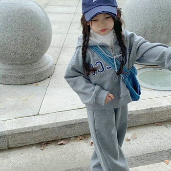 Χειμερινό μωρό για κοριτσάκια γκρι αλφάβητο φλις κουκούλα με μισό φερμουάρ + φούτερ παιδική αθλητική φόρμα Παιδική φούτερ Σετ τζόκινγκ 2-8 ετών