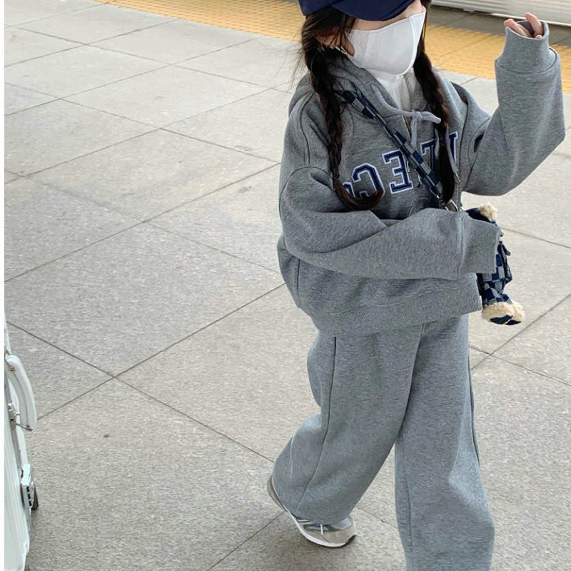 Talvised tüdrukud, hall tähestik, pooltõmblukuga fliisist kapuuts + dressipüksid, laste dressirõivad, sörkimiskomplektid vanuses 2–8 aastat