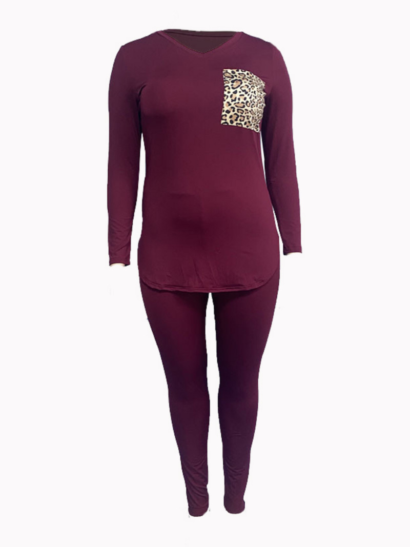 LW Plus Size Două piese Set Buzunar Design Model Leopard Print Skinny Două Piese Set Pantaloni Toamnă Iarnă Casual 2pcs Trening