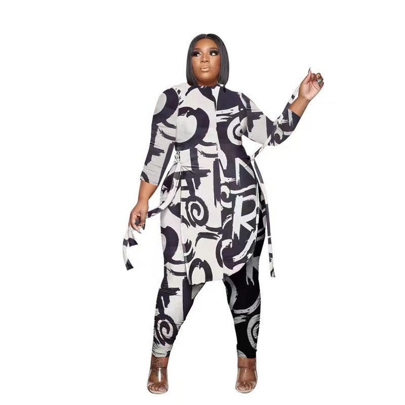 Didelio dydžio 5xl Fashion Plus 4xl 2 dalių komplektas Moteris arba kaklo ilgomis rankovėmis marškinėliai Viršutinė ilgų kelnių rinkinys 4xl 5xl Plus Se 3xl 4xl 5xl 6xl