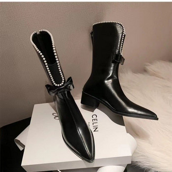 Μπεζ δερμάτινες γυναικείες γυναικείες μπότες με μυτερές μύτες μαργαριτάρι παπιγιόν Mid Calf Botas Μαύρο Φθινοπωρινό ιππασίας Femininos Zapato