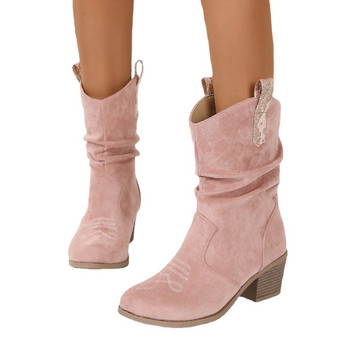 Разпродажба на дамски обувки 2023 г., висококачествени есенни дамски ботуши от изкуствена кожа, плътни приплъзващи се дамски ботуши Ботуши с ток с квадратен ток и кръгли пръсти