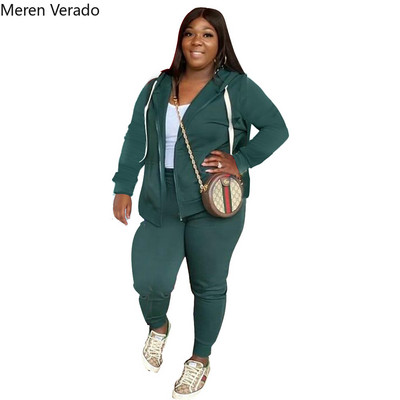 Meren Verado Plus Size Γυναικείο Σετ Μακρυμάνικο Φερμουάρ Fly Sport Παλτό και Αθλητικό Παντελόνι Fitnes Jogger Σετ δύο τεμαχίων αθλητικές φόρμες