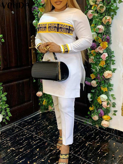 Suures suuruses 5XL VONDA Vintage naiste trükitud pükstekomplektid pikkade varrukatega elegantsed komplektid sügiseks vabaaja elastse vöökoha pükste ja toppide komplektid