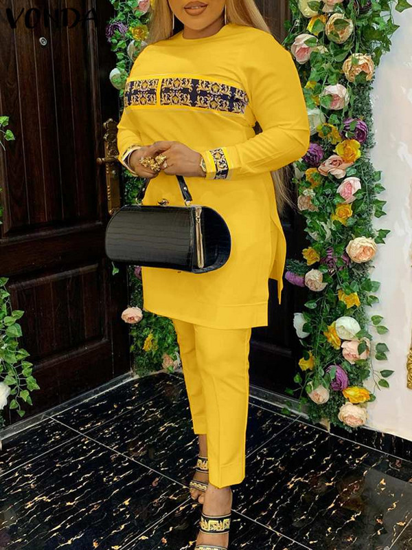 Suures suuruses 5XL VONDA Vintage naiste trükitud pükstekomplektid pikkade varrukatega elegantsed komplektid sügiseks vabaaja elastse vöökoha pükste ja toppide komplektid