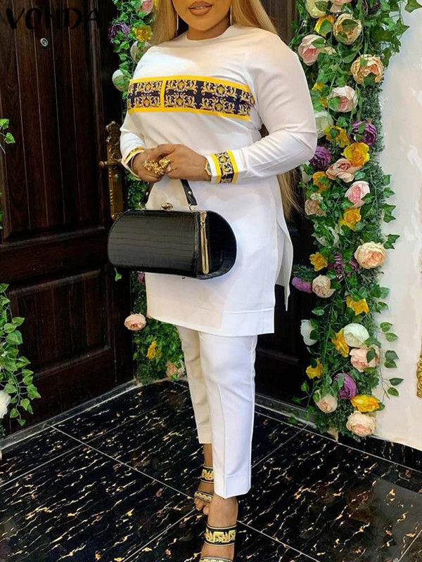 Suures suuruses 5XL VONDA Vintage naiste trükitud pükstekomplektid pikkade varrukatega elegantsed komplektid sügiseks vabaaja elastse vöökoha pükste ja toppide komplektid