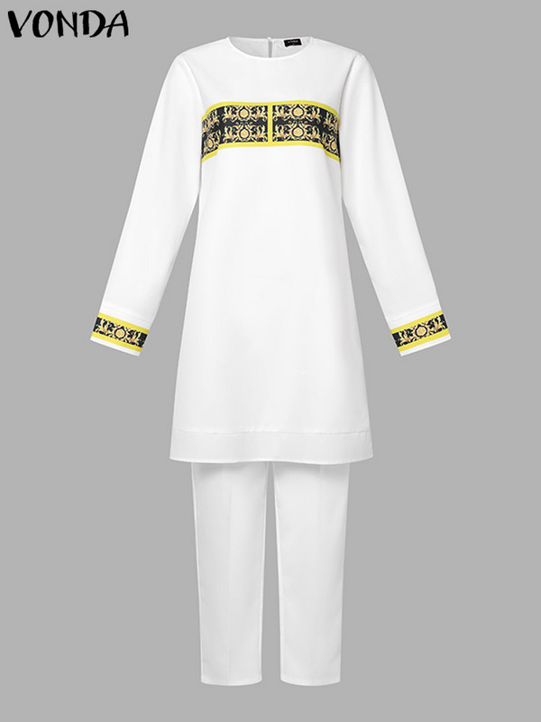 Suures suuruses 5XL VONDA Vintage naiste trükitud pükstekomplektid pikkade varrukatega elegantsed komplektid sügiseks vabaaja elastse vöökoha pükste ja toppide komplektid