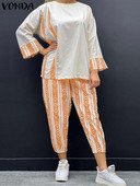 Plus Size 5XL VONDA Vintage nohavicové súpravy 2023 Módne dámske 2 ks ležérne voľné potlačené bohémske nohavicové kostýmy s 3/4 rukávmi