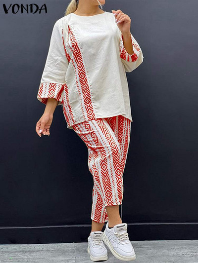 Plus Size 5XL VONDA Vintage nohavicové súpravy 2023 Módne dámske 2 ks ležérne voľné potlačené bohémske nohavicové kostýmy s 3/4 rukávmi
