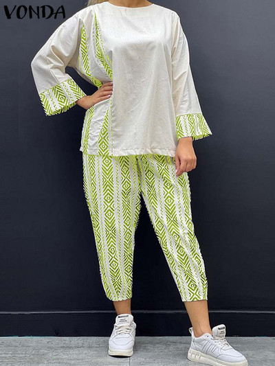 Plus Size 5XL VONDA Vintage nohavicové súpravy 2023 Módne dámske 2 ks ležérne voľné potlačené bohémske nohavicové kostýmy s 3/4 rukávmi