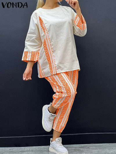Plus Size 5XL VONDA Vintage nohavicové súpravy 2023 Módne dámske 2 ks ležérne voľné potlačené bohémske nohavicové kostýmy s 3/4 rukávmi