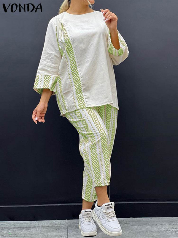 Plus Size 5XL VONDA Vintage nohavicové súpravy 2023 Módne dámske 2 ks ležérne voľné potlačené bohémske nohavicové kostýmy s 3/4 rukávmi