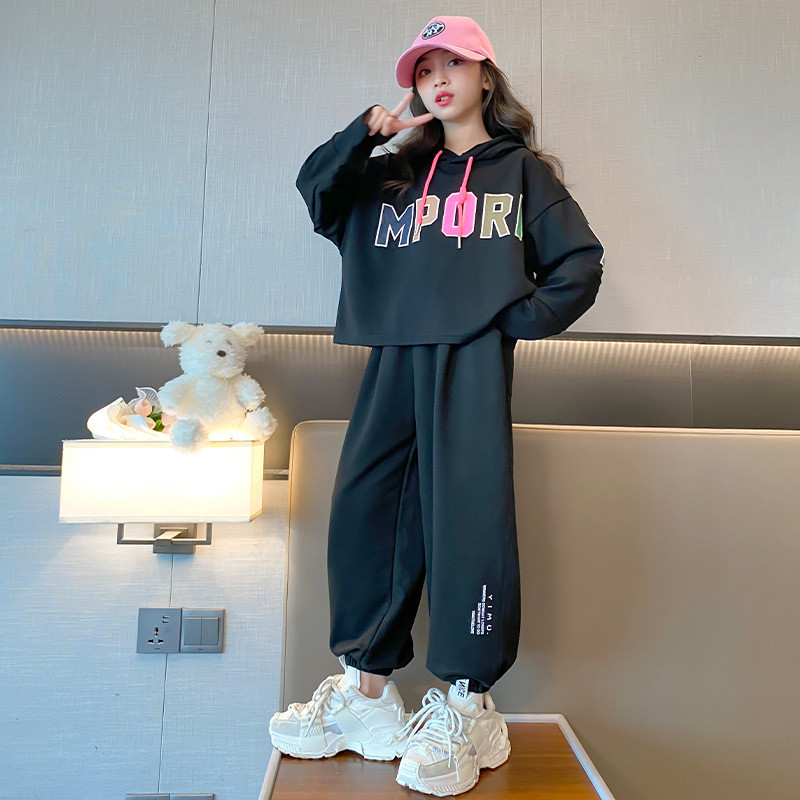 Tavaszi őszi lányok kontrasztos ábécés pulóver dzseki + melegítőnadrág iskolai gyerekek tréningruha gyerek kocogó ruha edzéskészlet 7-16 éves korig