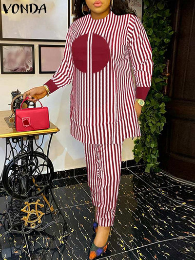 Suures suuruses 5XL VONDA Bohemian naiste püksikomplektid 2023. aasta sügistriibulised komplektid vabaaja pikkade varrukatega trükitud vintage topid ja laia säärega püksid