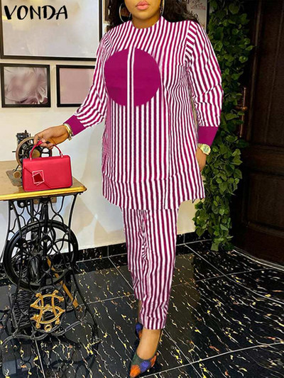 Suures suuruses 5XL VONDA Bohemian naiste püksikomplektid 2023. aasta sügistriibulised komplektid vabaaja pikkade varrukatega trükitud vintage topid ja laia säärega püksid