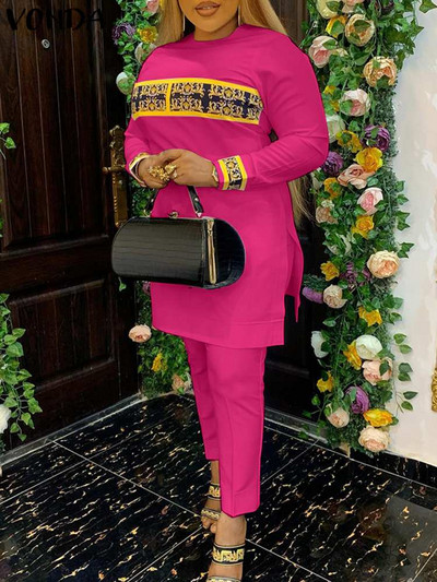 VONDA Vintage Ženski kompleti hlača s printom Elegantni setovi jesenskih ležernih hlača s elastičnim strukom i gornji dijelovi Odgovarajući kompleti od 2 KOM