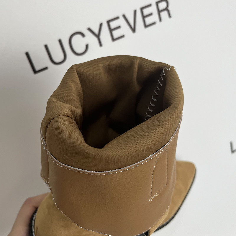 Lucyever uus tikandid terava ninaga läänesaapad, naiste libisevad paksud kontsad sääre keskosa saapad, naine, pruun kari, kauboi Botas Mujer